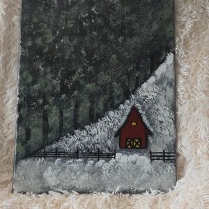Winter Landscape Painting with Red Barn